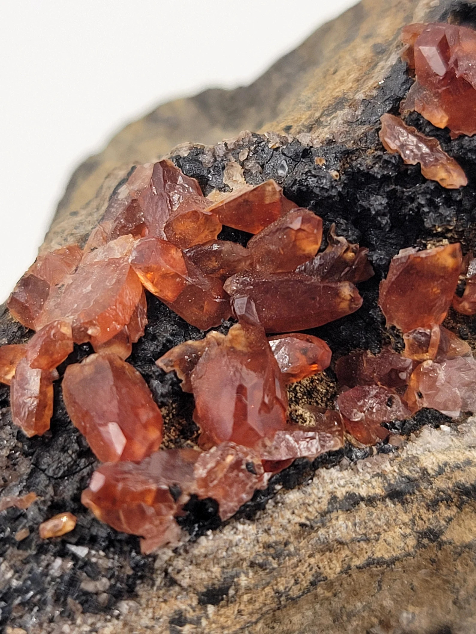 Rhodochrosite on Black Manganite - Deep Red Terminated Crystal Cluster