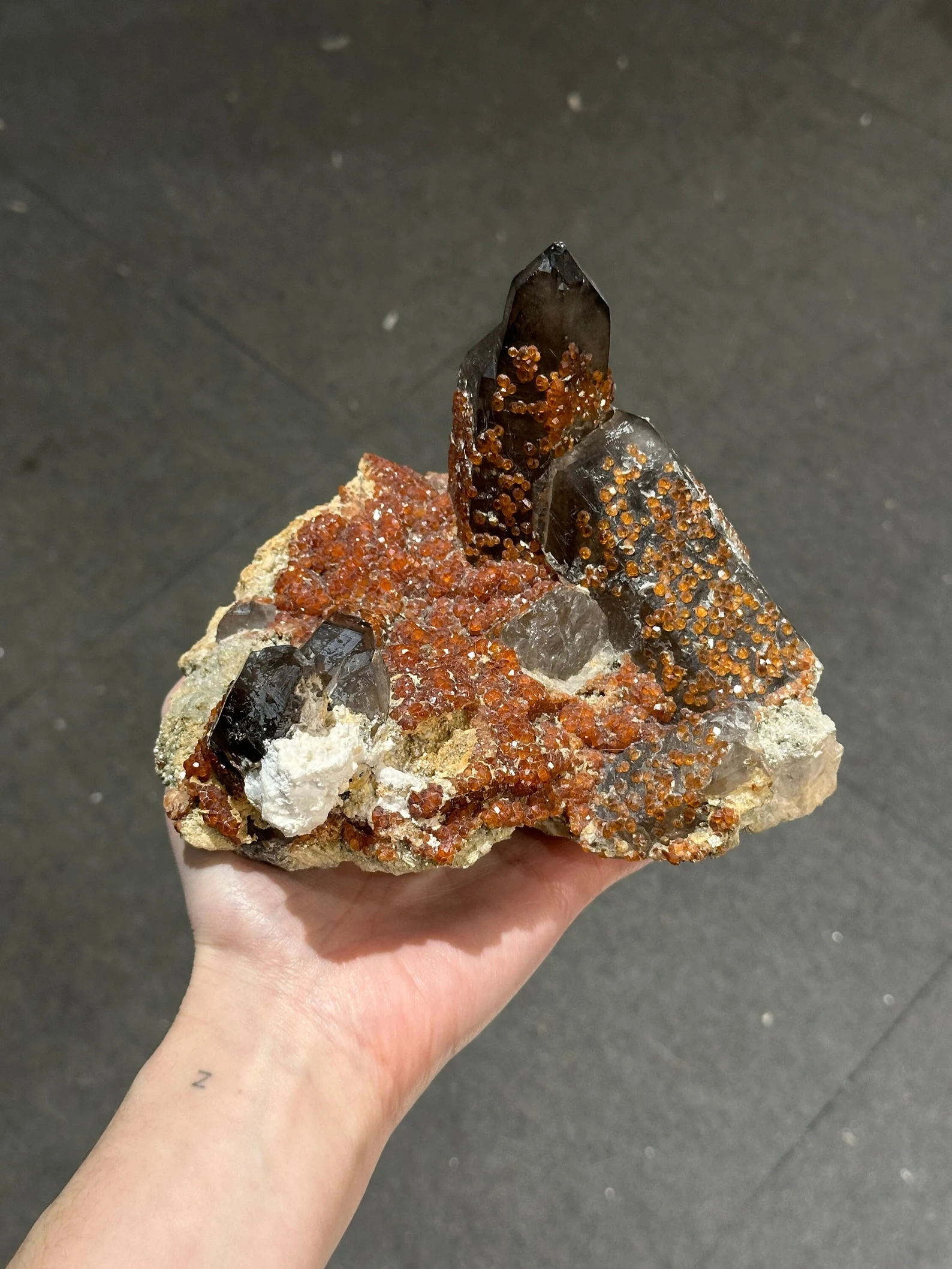 Smoky Quartz with Spessartine Garnet – Lustrous Garnet Druze on Smoky Quartz Crystal Cluster