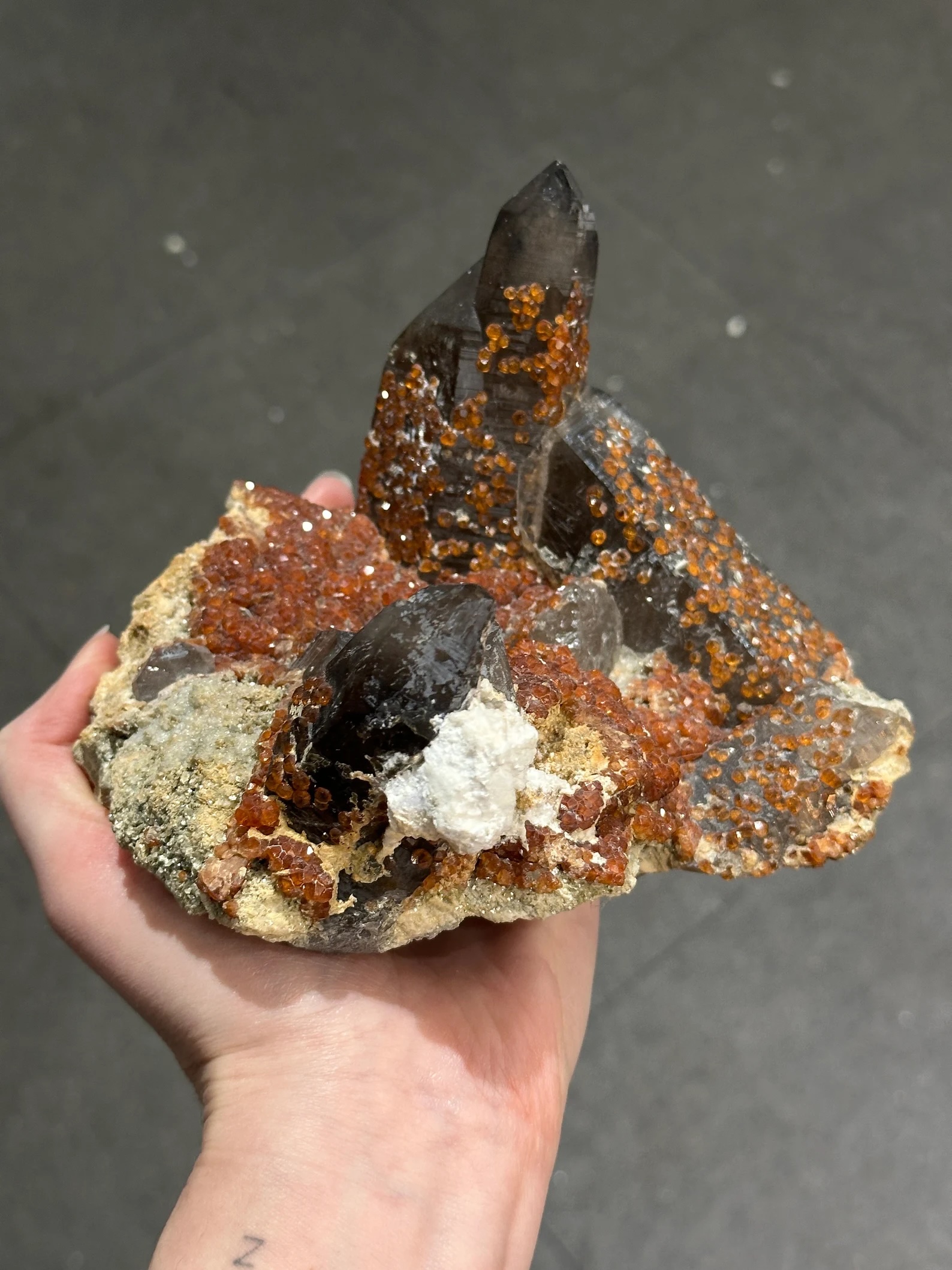 Smoky Quartz with Spessartine Garnet – Lustrous Garnet Druze on Smoky Quartz Crystal Cluster