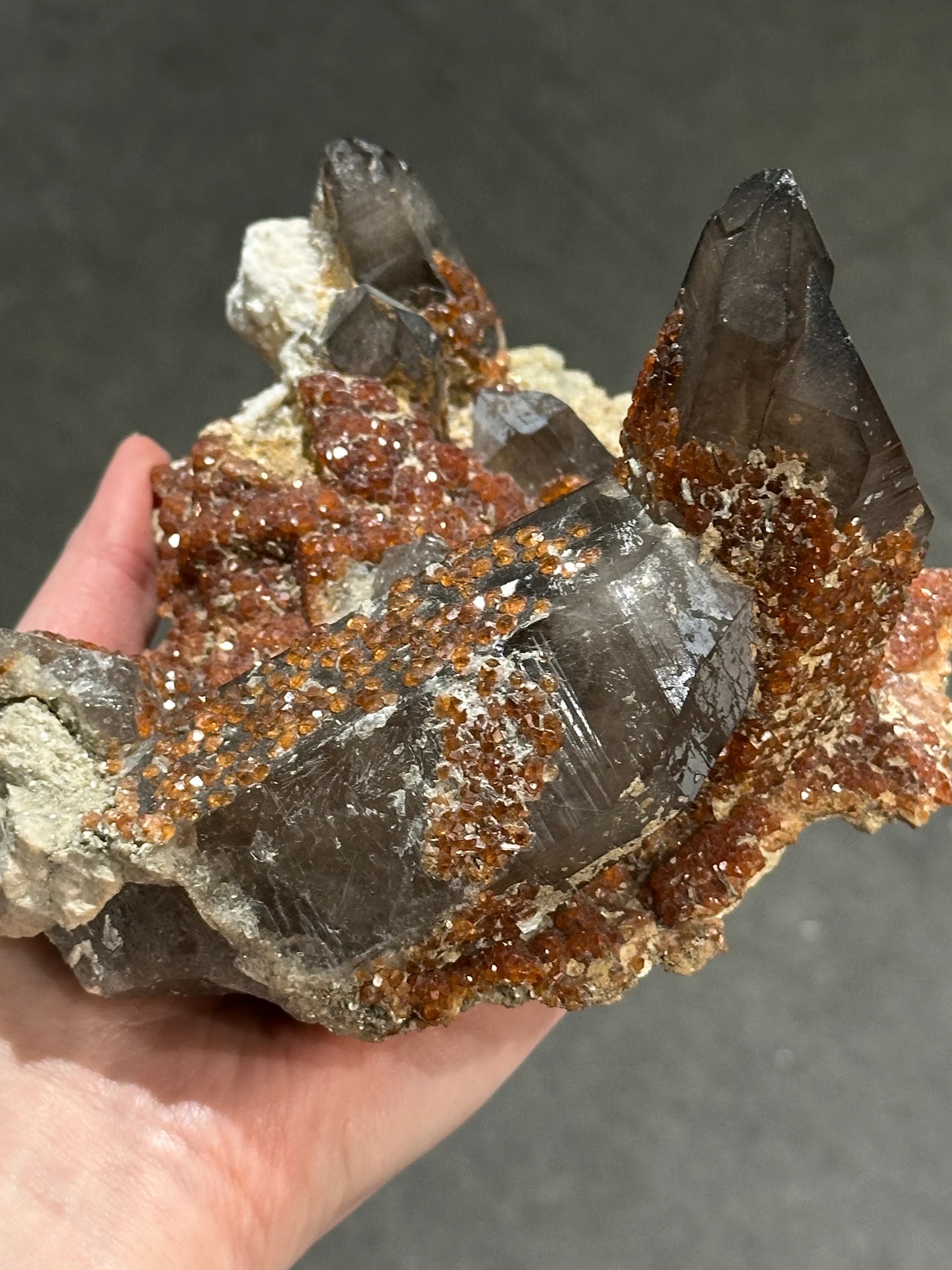 Smoky Quartz with Spessartine Garnet – Lustrous Garnet Druze on Smoky Quartz Crystal Cluster