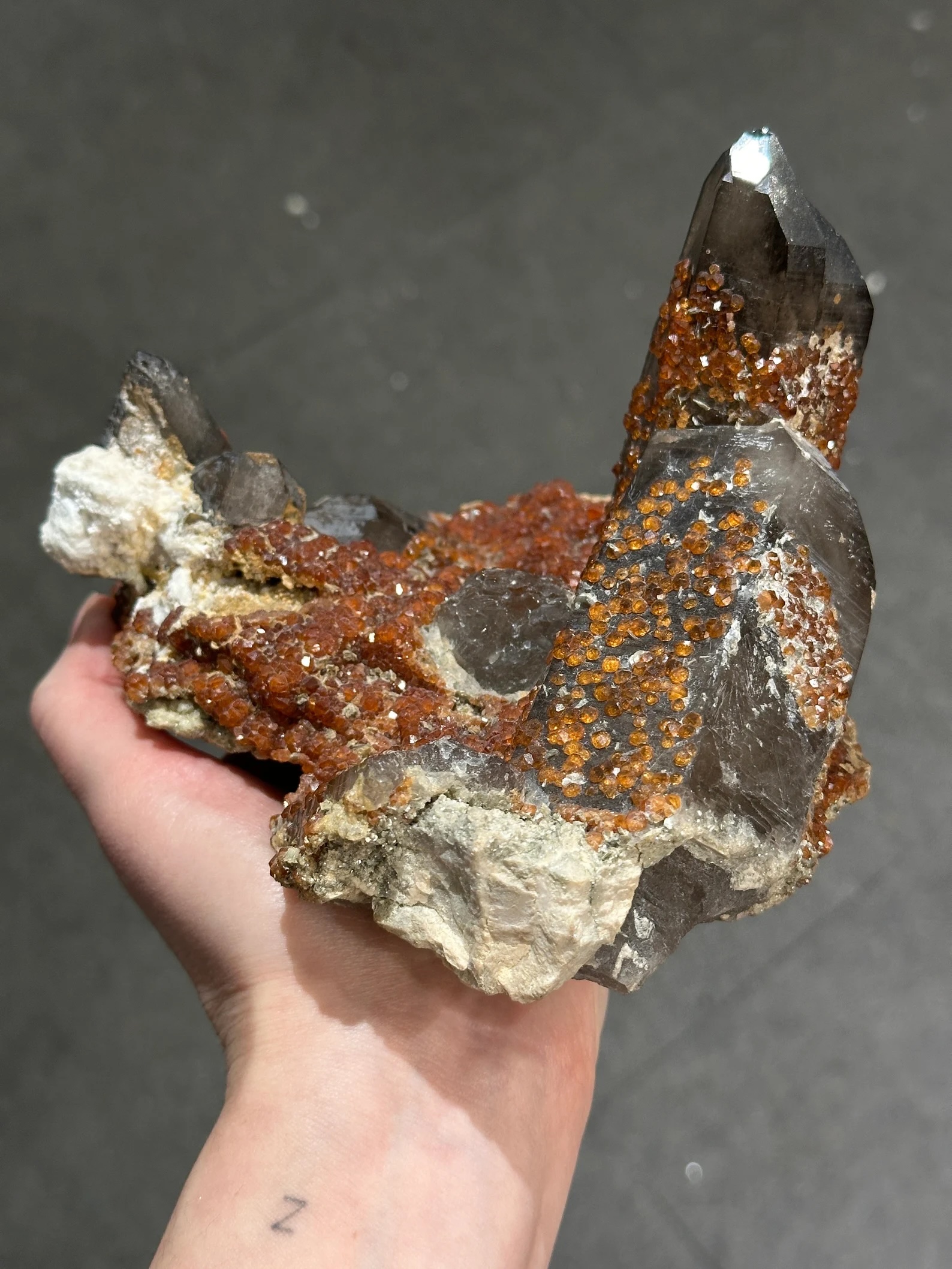 Smoky Quartz with Spessartine Garnet – Lustrous Garnet Druze on Smoky Quartz Crystal Cluster