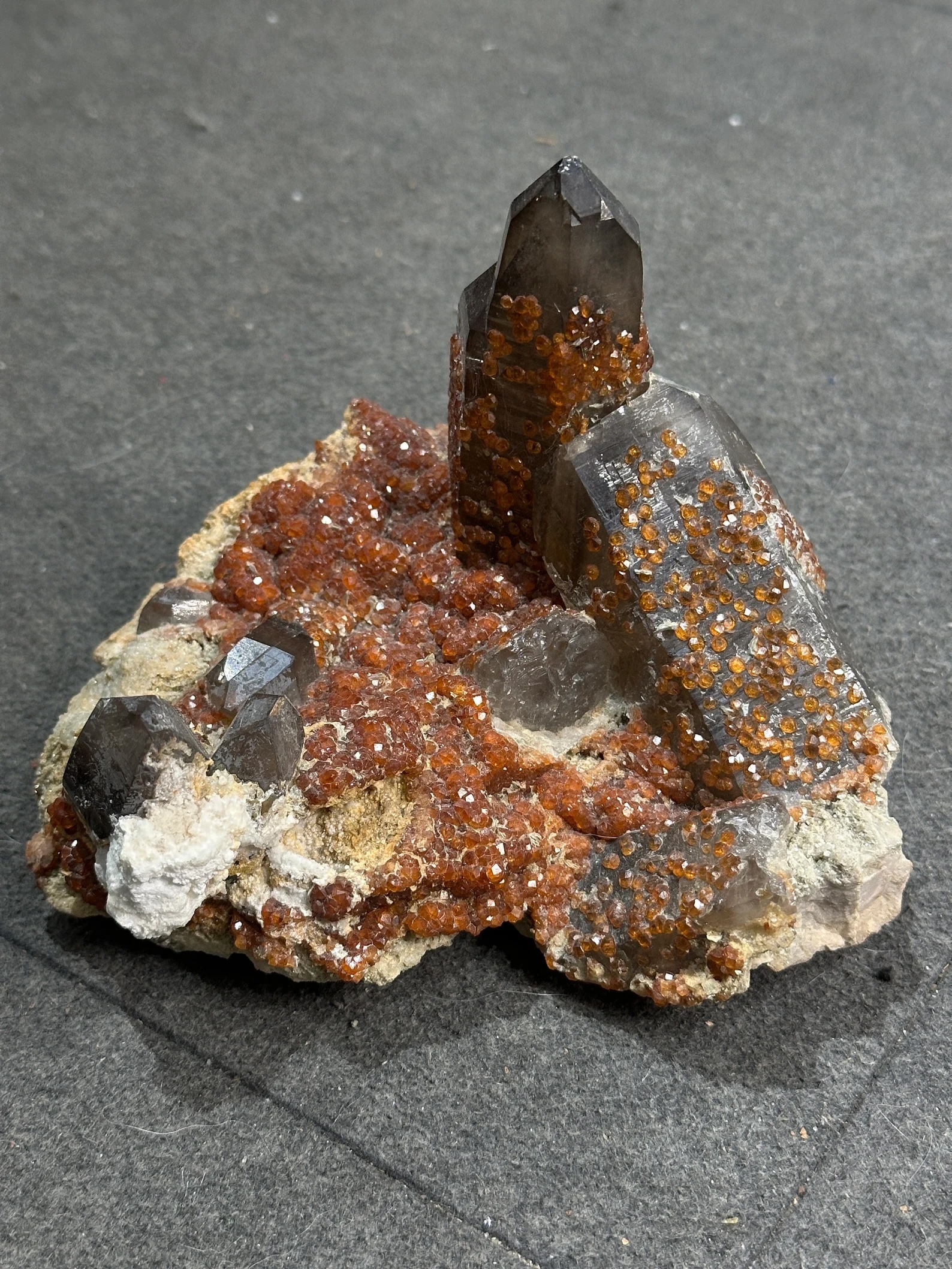 Smoky Quartz with Spessartine Garnet – Lustrous Garnet Druze on Smoky Quartz Crystal Cluster
