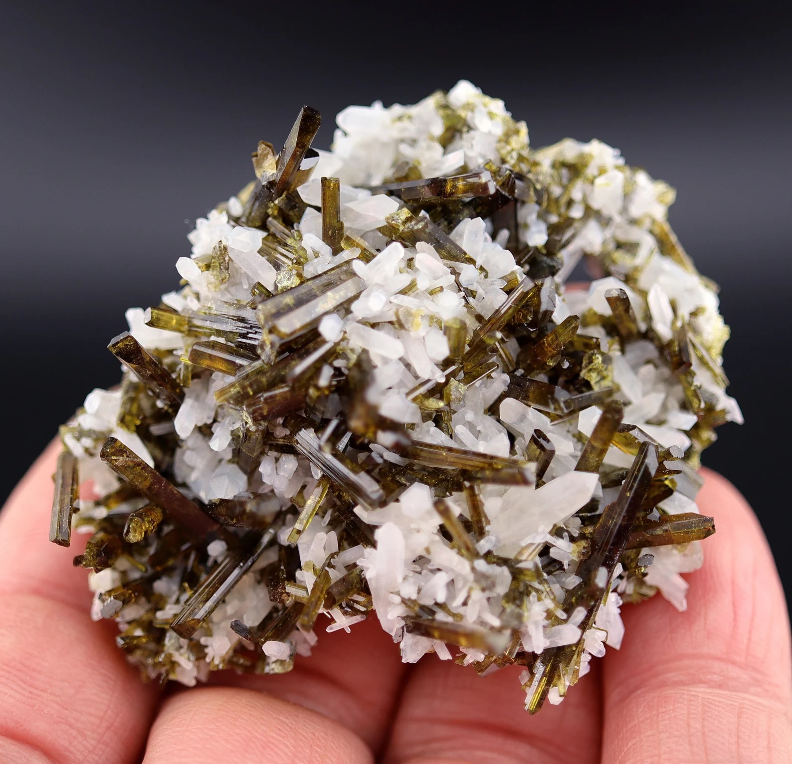 Gem Epidote with Quartz – Lustrous Olive-Green Epidote Crystal Spray on Quartz Plate