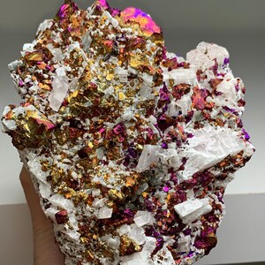 Iridescent Chalcopyrite on White Matrix – Brilliant Peacock-Luster Chalcopyrite Crystal Cluster
