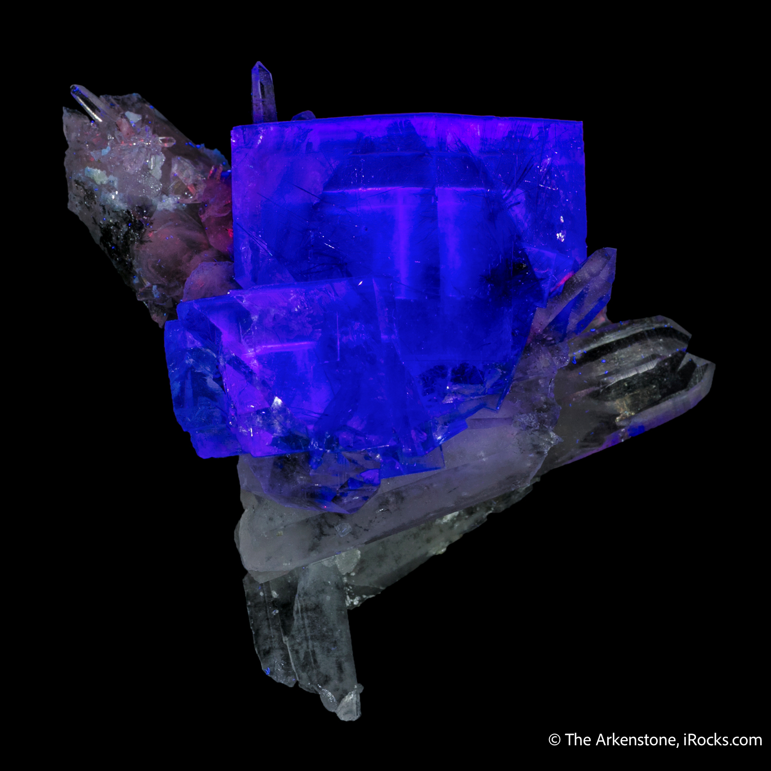 Fluorite with Bismuthinite Inclusions on Quartz – Gem-Clear Cubic Fluorite with Metallic Needles