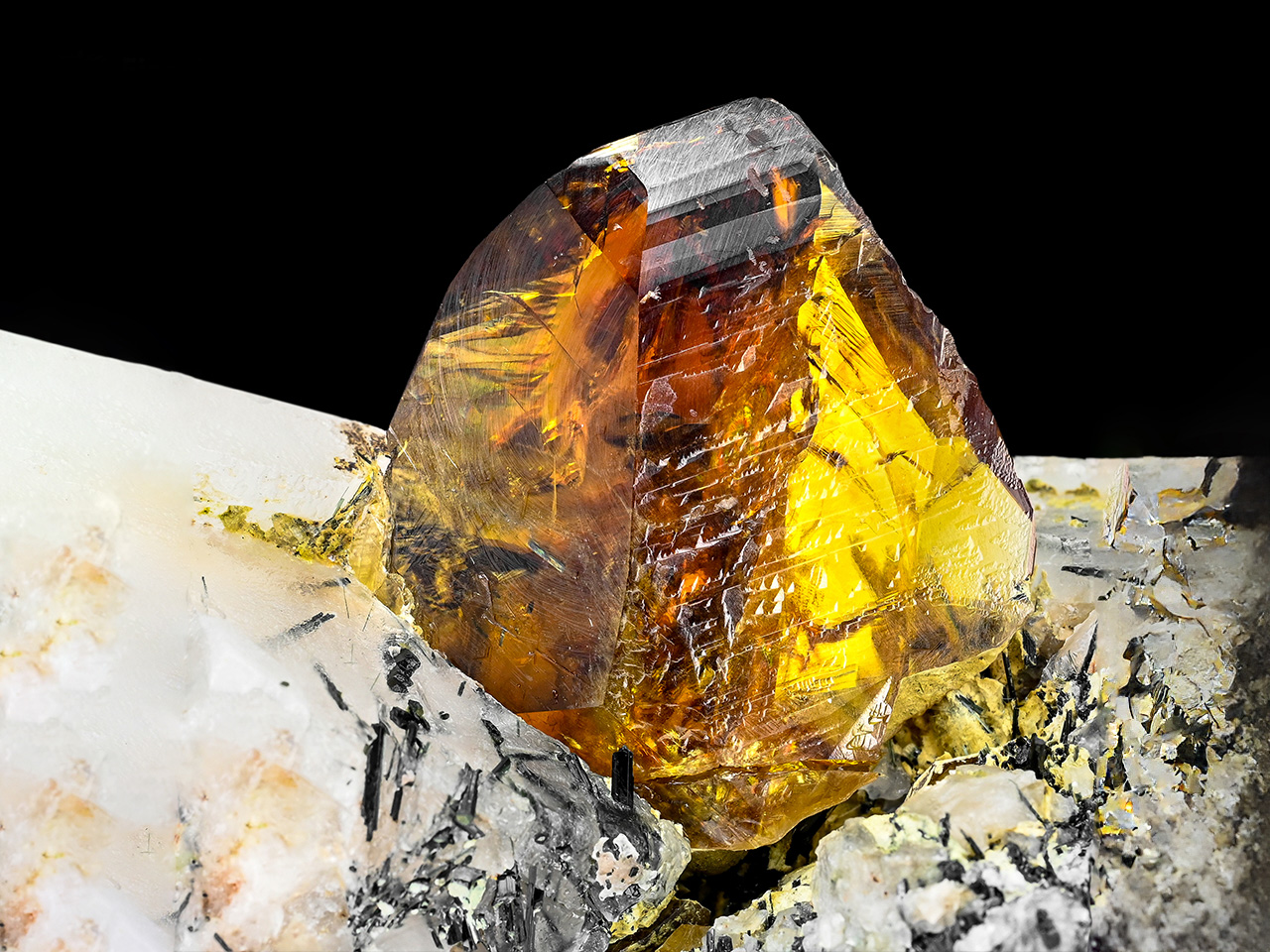 Titanite with Actinolite on Calcite – Gem Honey-Golden Twin Crystal on Matrix