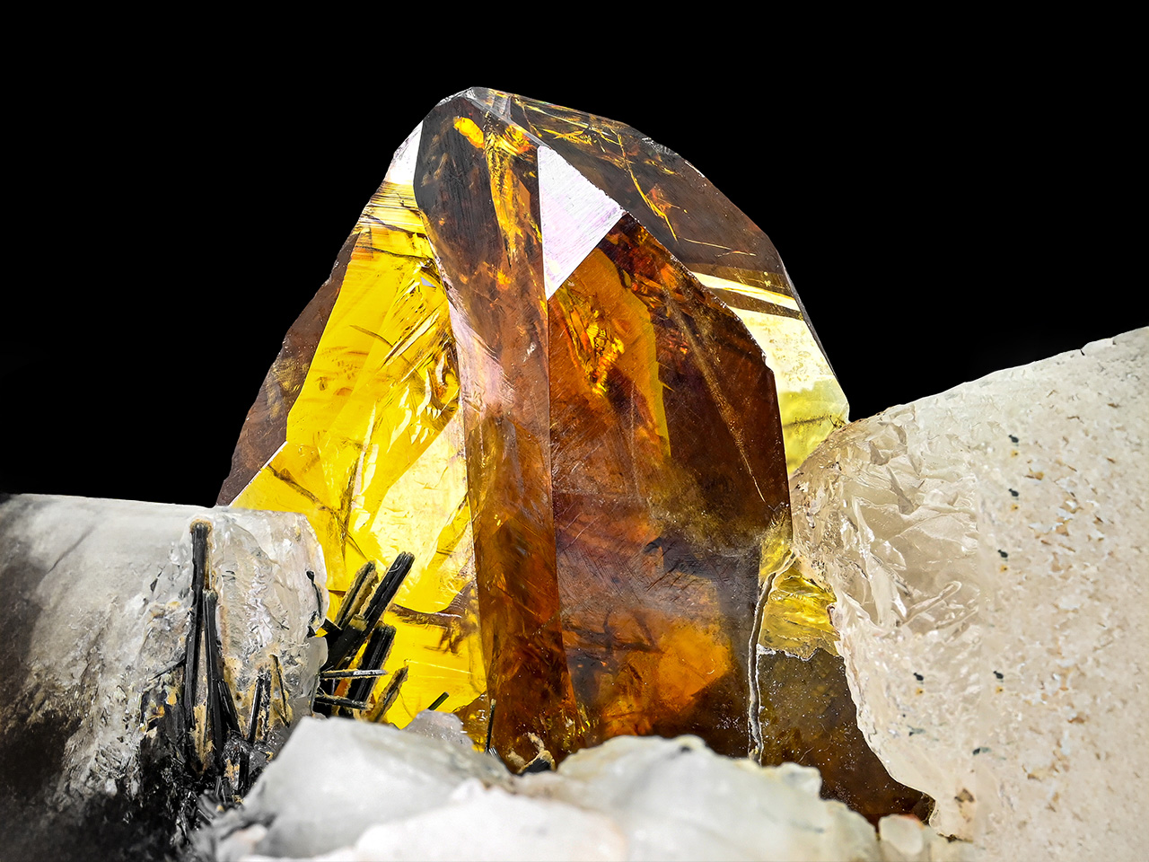 Titanite with Actinolite on Calcite – Gem Honey-Golden Twin Crystal on Matrix