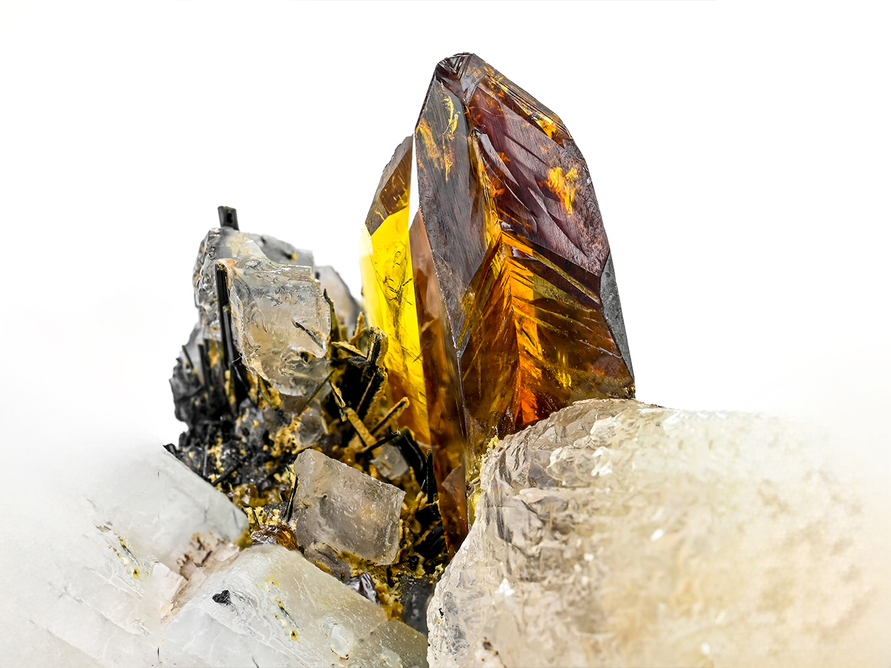 Titanite with Actinolite on Calcite – Gem Honey-Golden Twin Crystal on Matrix