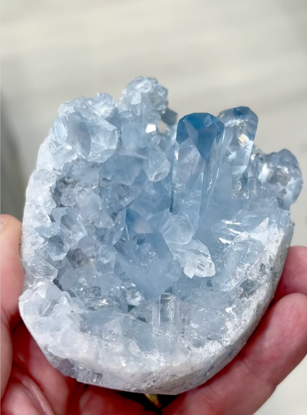 Celestine – Sky-Blue Geode Cluster with Gemmy Prismatic Crystals and Saturated Blue Terminations