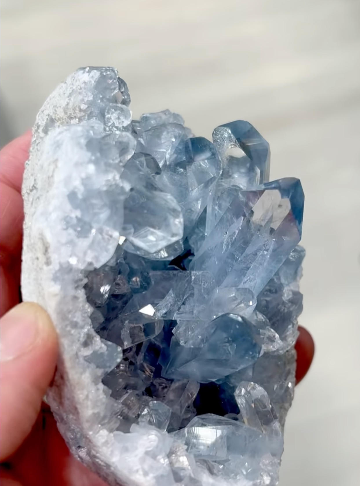 Celestine – Sky-Blue Geode Cluster with Gemmy Prismatic Crystals and Saturated Blue Terminations
