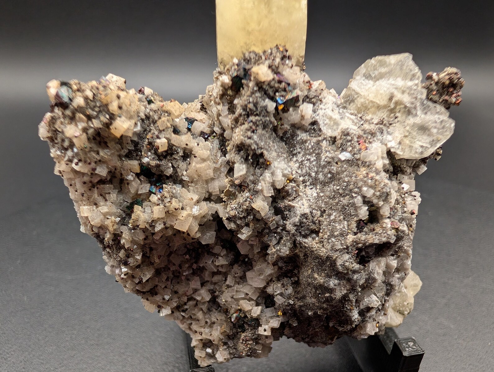 Calcite with Chalcopyrite – Solitaire Honey-Yellow Terminated Crystal on Iridescent Sulfide Matrix