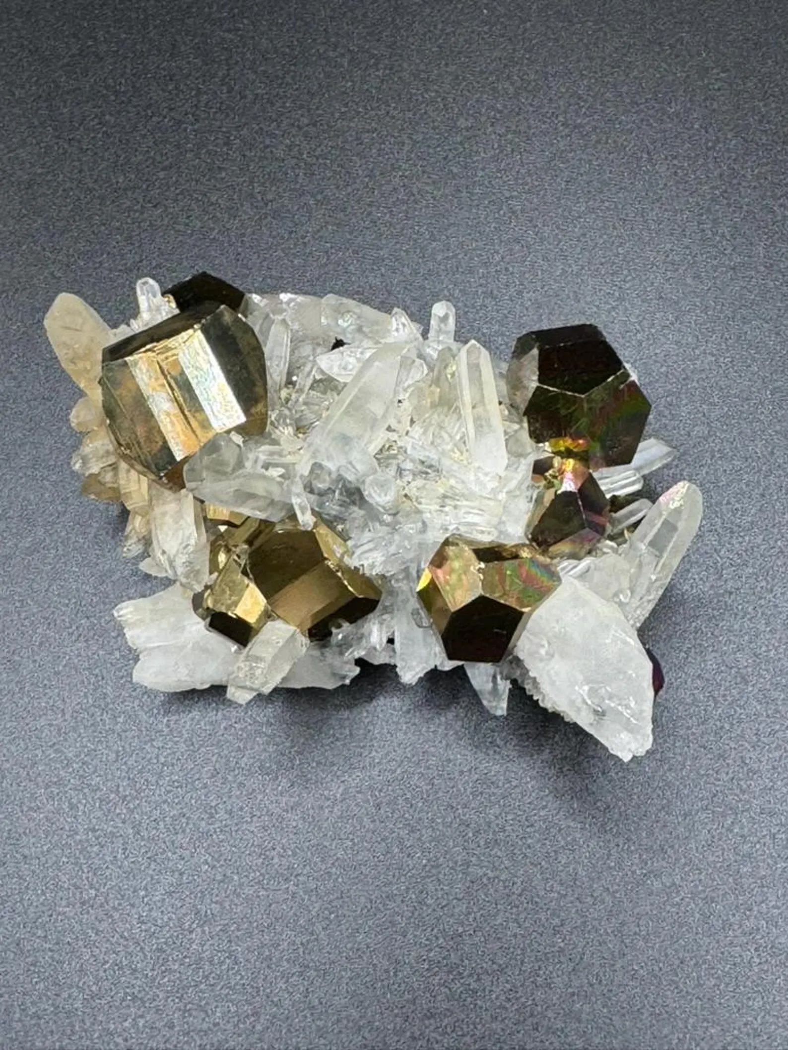 Pyrite with Quartz – Iridescent Rainbow Cubic Crystals on Clear Quartz Cluster