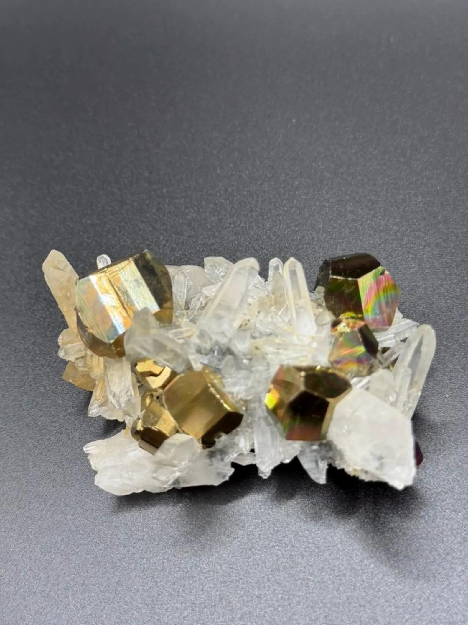 Pyrite with Quartz – Iridescent Rainbow Cubic Crystals on Clear Quartz Cluster