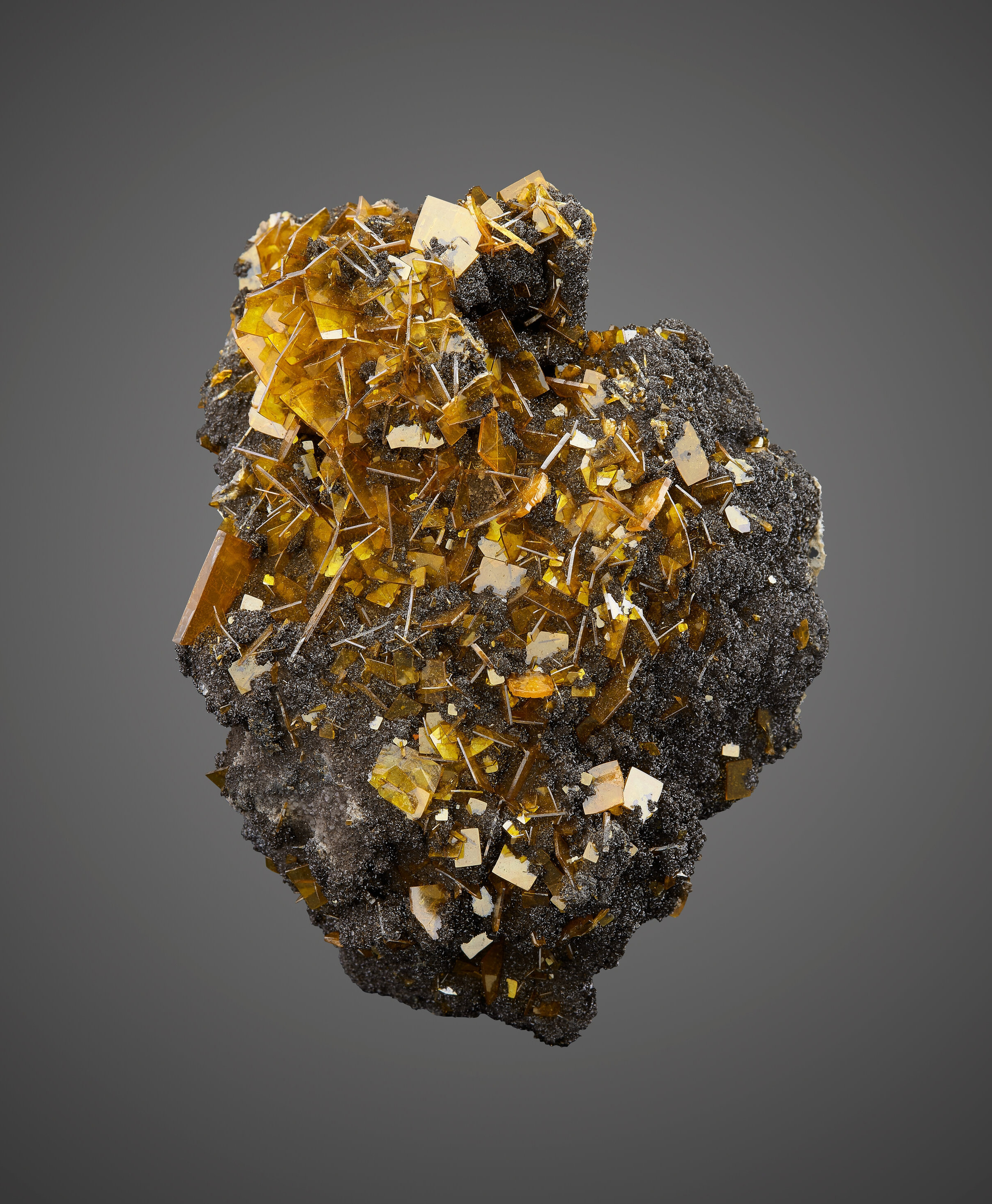 Wulfenite on Hematite – Glassy Yellow-Orange Tabular Crystals on Black Botryoidal Matrix
