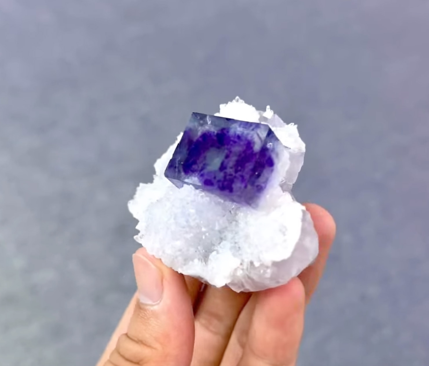 Fluorite on Quartz - Flawless Violet Phantom Cube with Unique Zoning