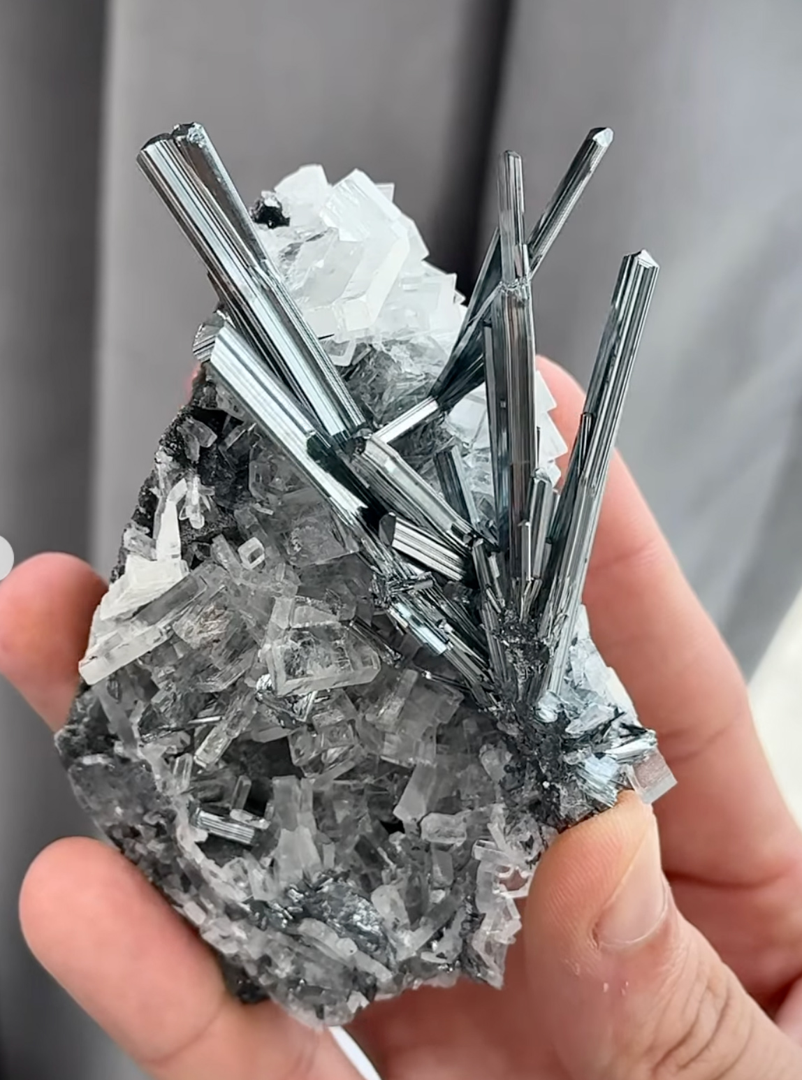 Stibnite with Baryte - Lustrous Metallic Spray on Sparkling Baryte Matrix