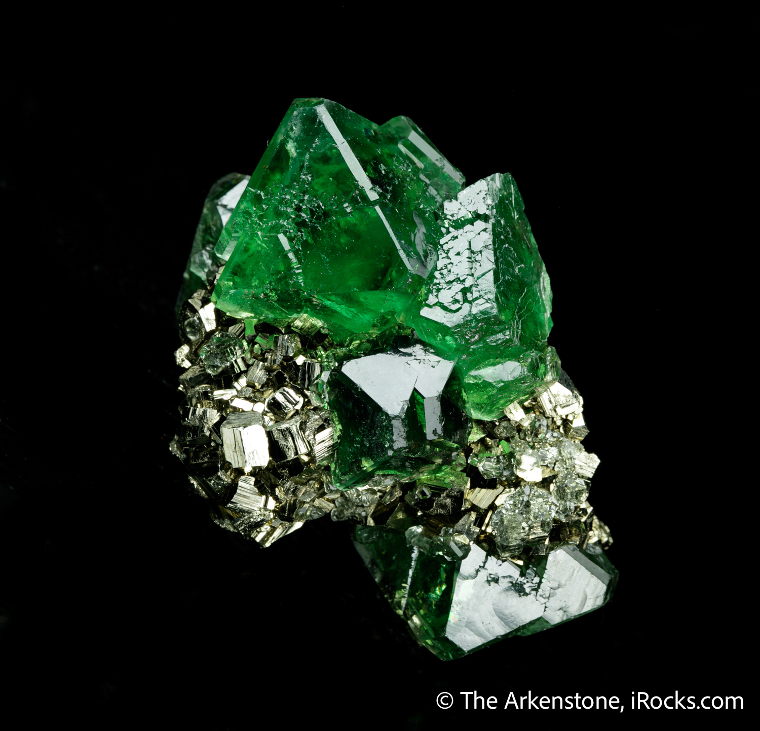 Fluorite on Pyrite - Exceptional Emerald Green Gem Octahedral Crystal
