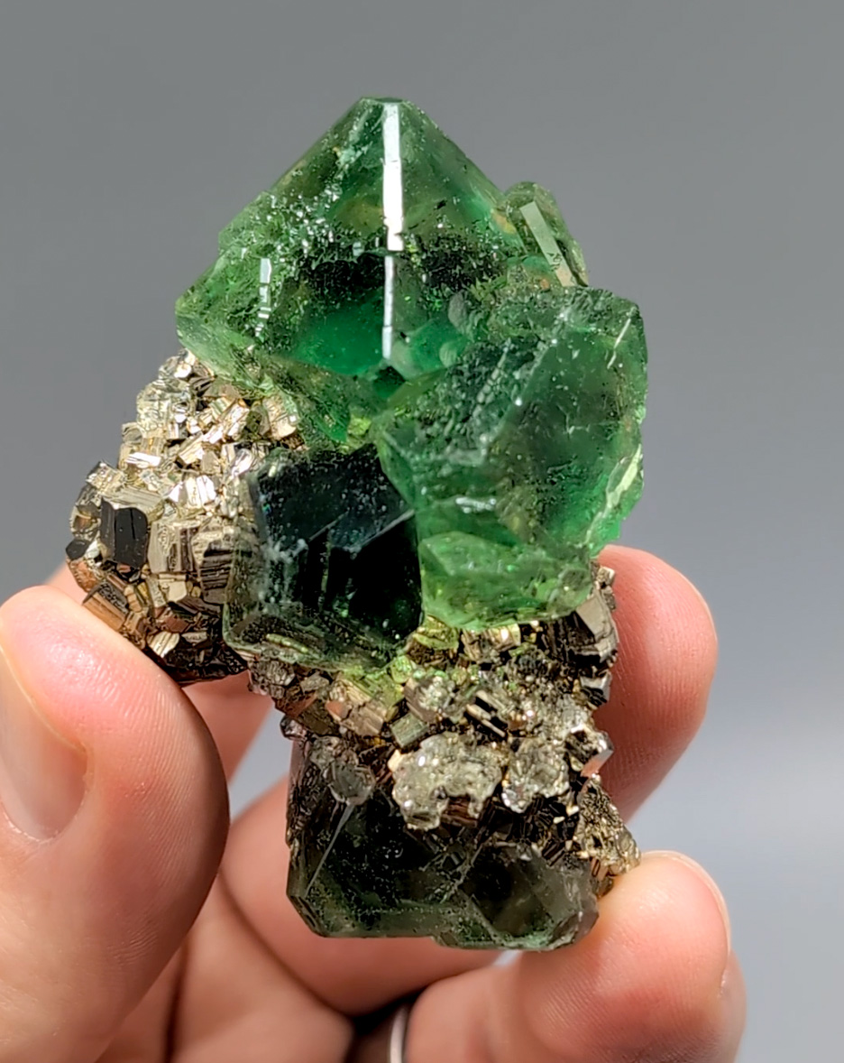 Fluorite on Pyrite - Exceptional Emerald Green Gem Octahedral Crystal