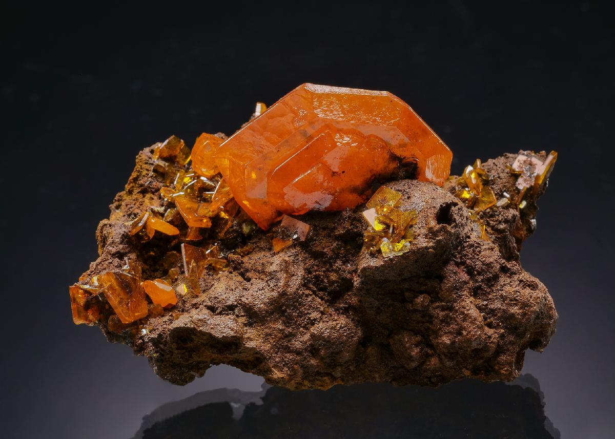 Wulfenite - Superb Orange Gem Large Crystal On Matrix