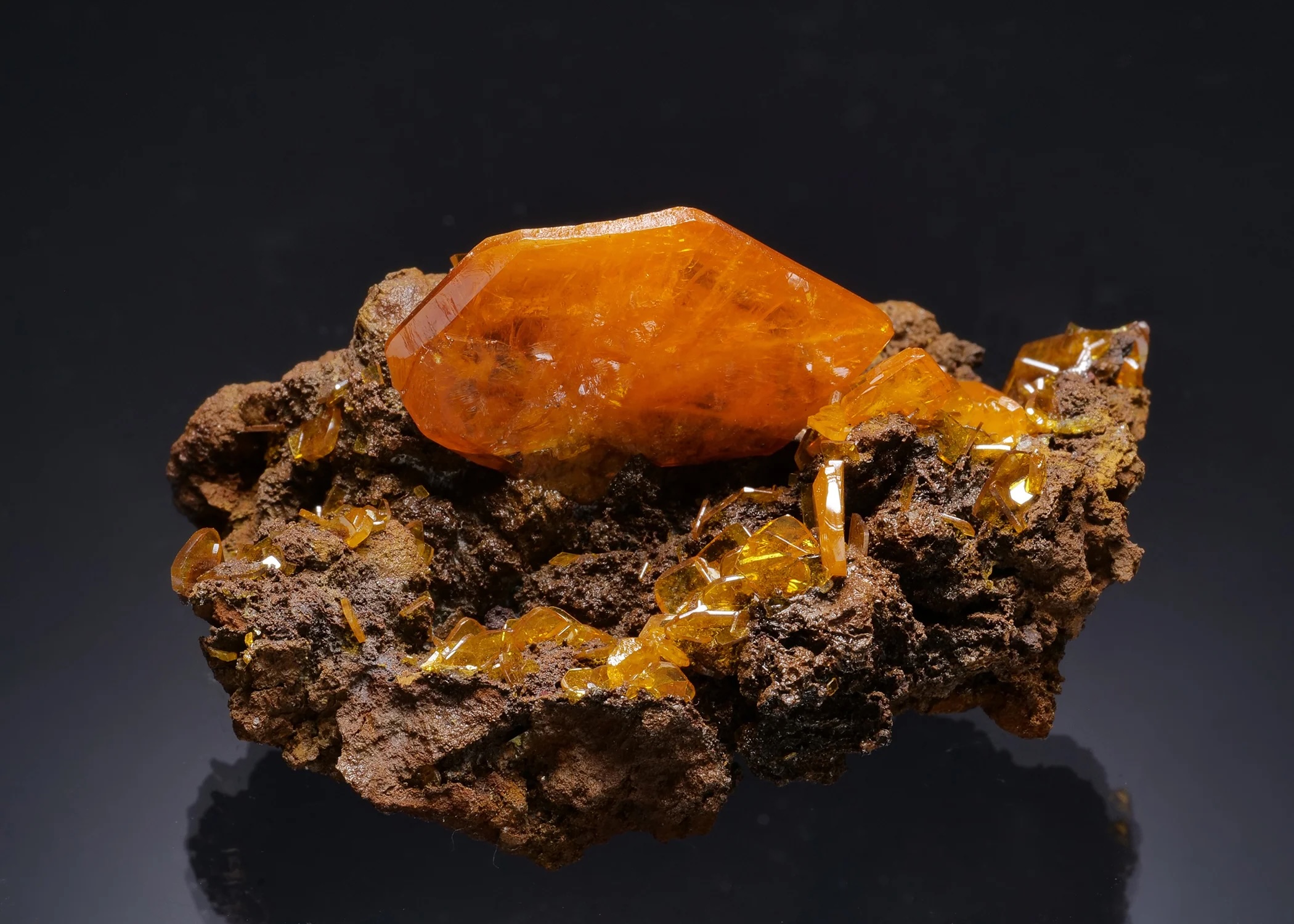 Wulfenite - Superb Orange Gem Large Crystal On Matrix