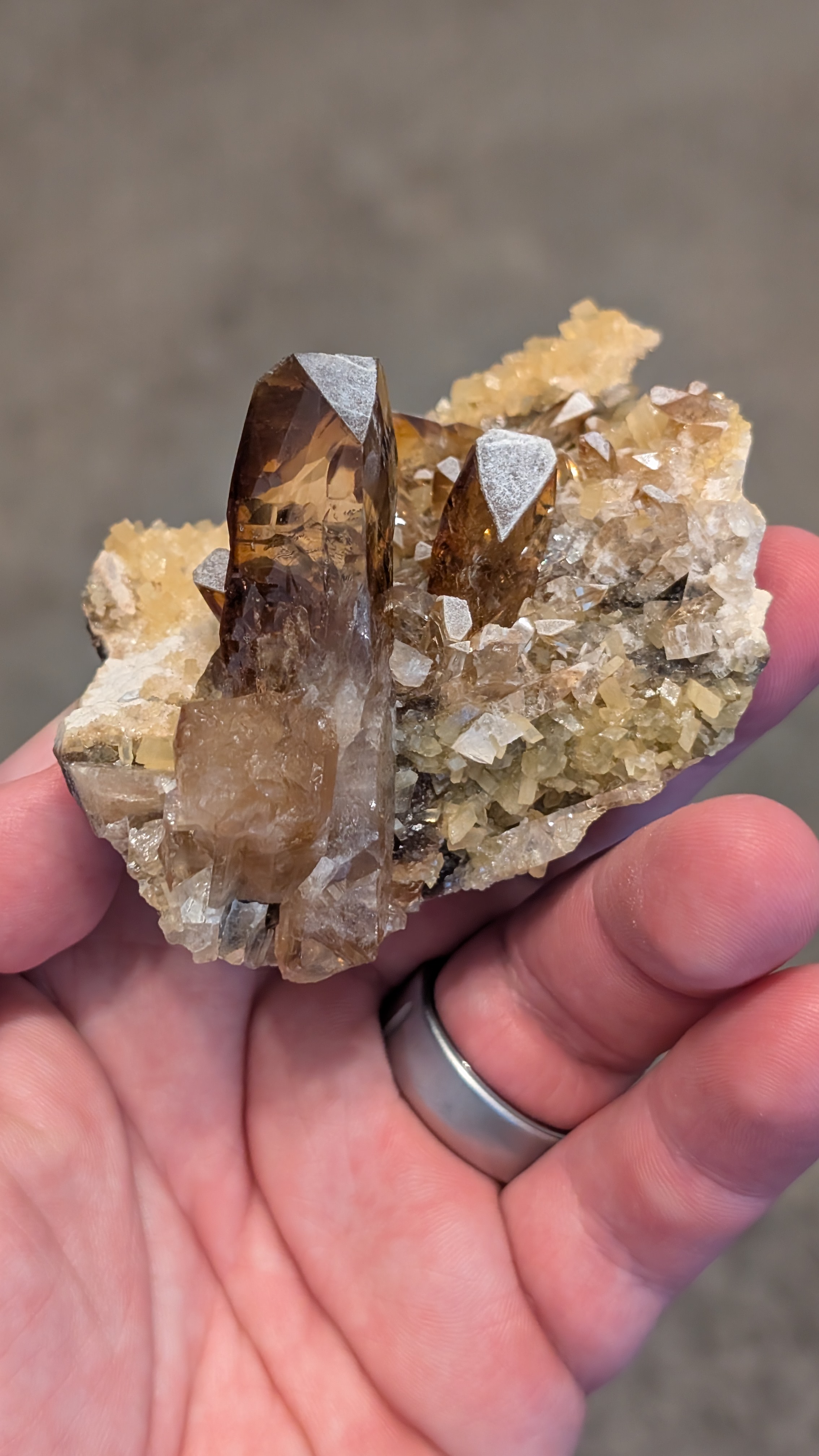 Baryte - Gemmy Amber Crystals on Golden Calcite and Septarian Matrix, Elk Creek