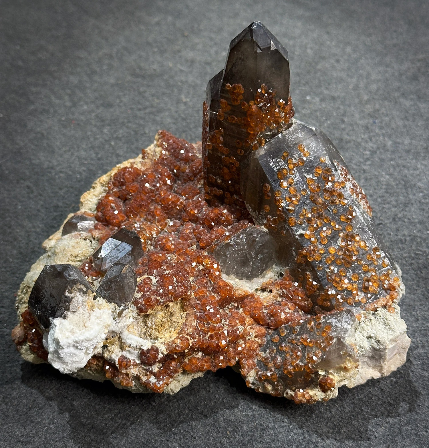 Spessartine Garnet on Smoky Quartz