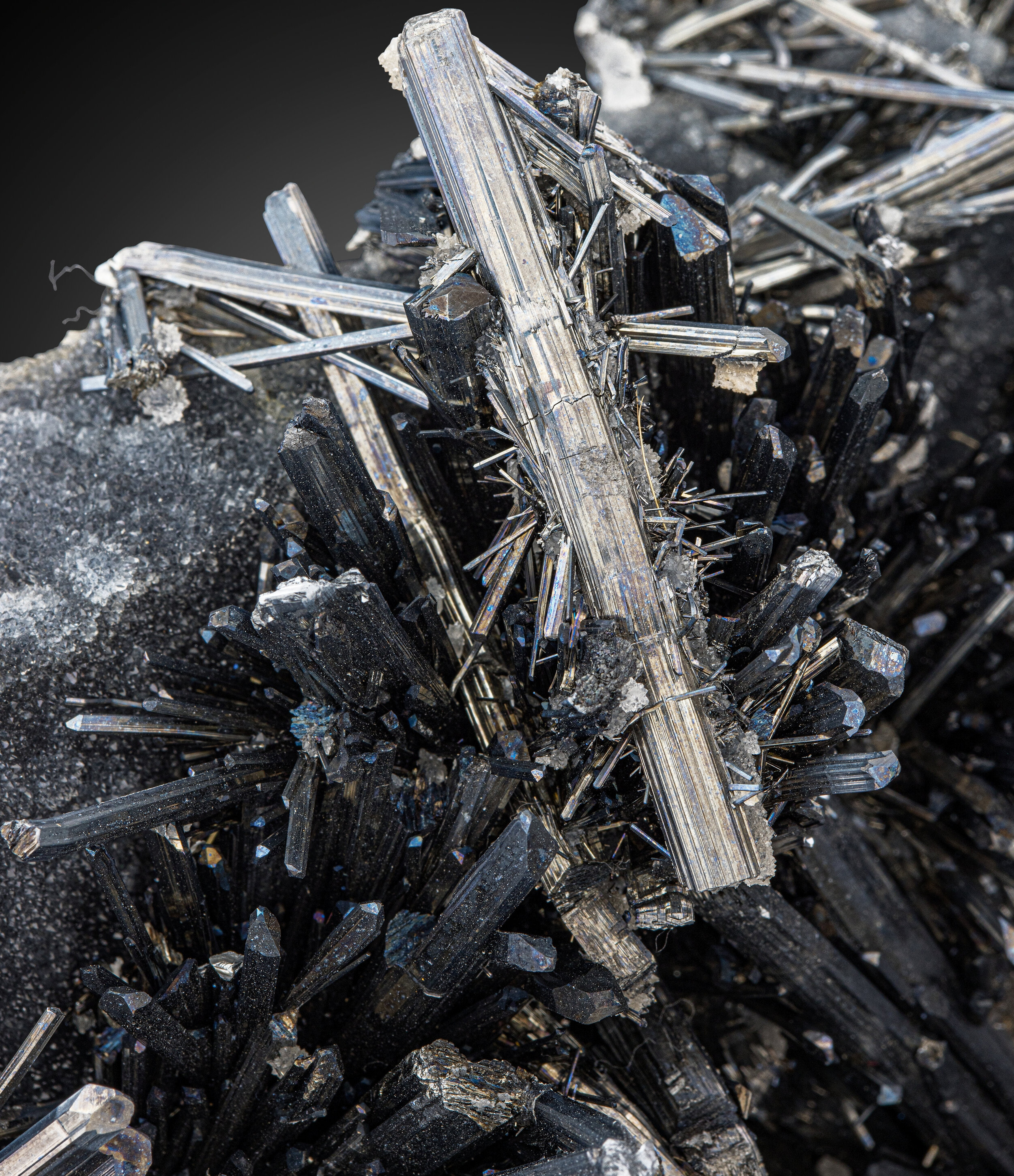 Stibnite on Chalcedony