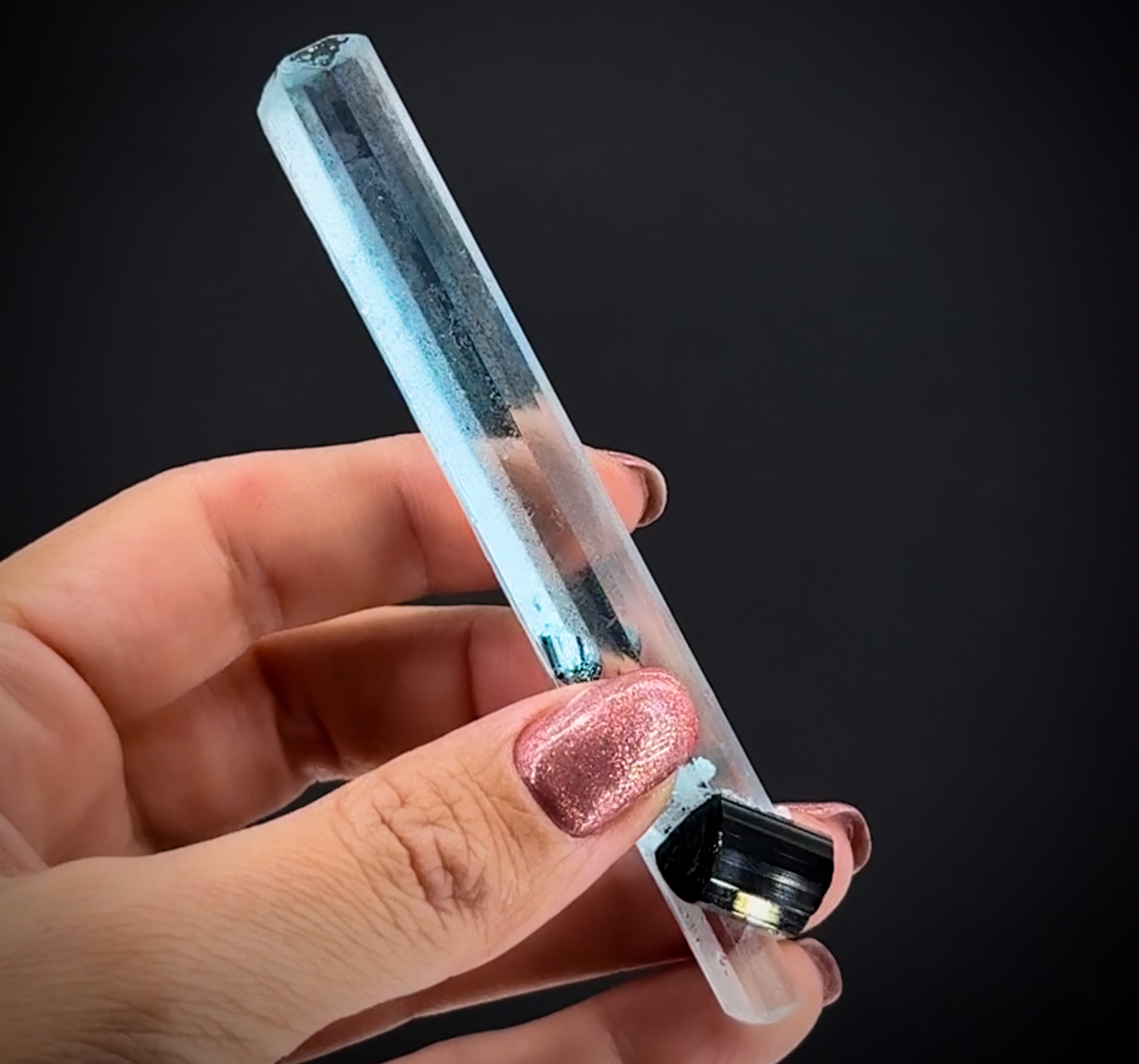 Beryl var. Aquamarine with Schorl (Tourmaline) - Doubly-Terminated and Glassy
